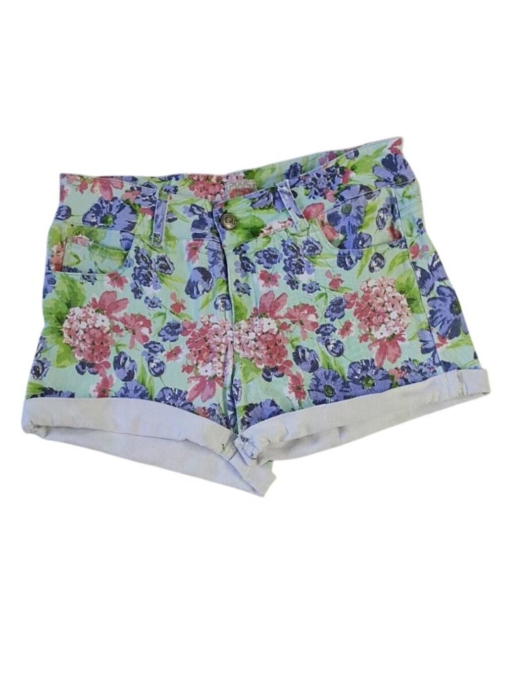 Gianni Bini Women Floral Denim Shorts Green SZ 7 Blue Pink Zip Pocket Cuff Hem